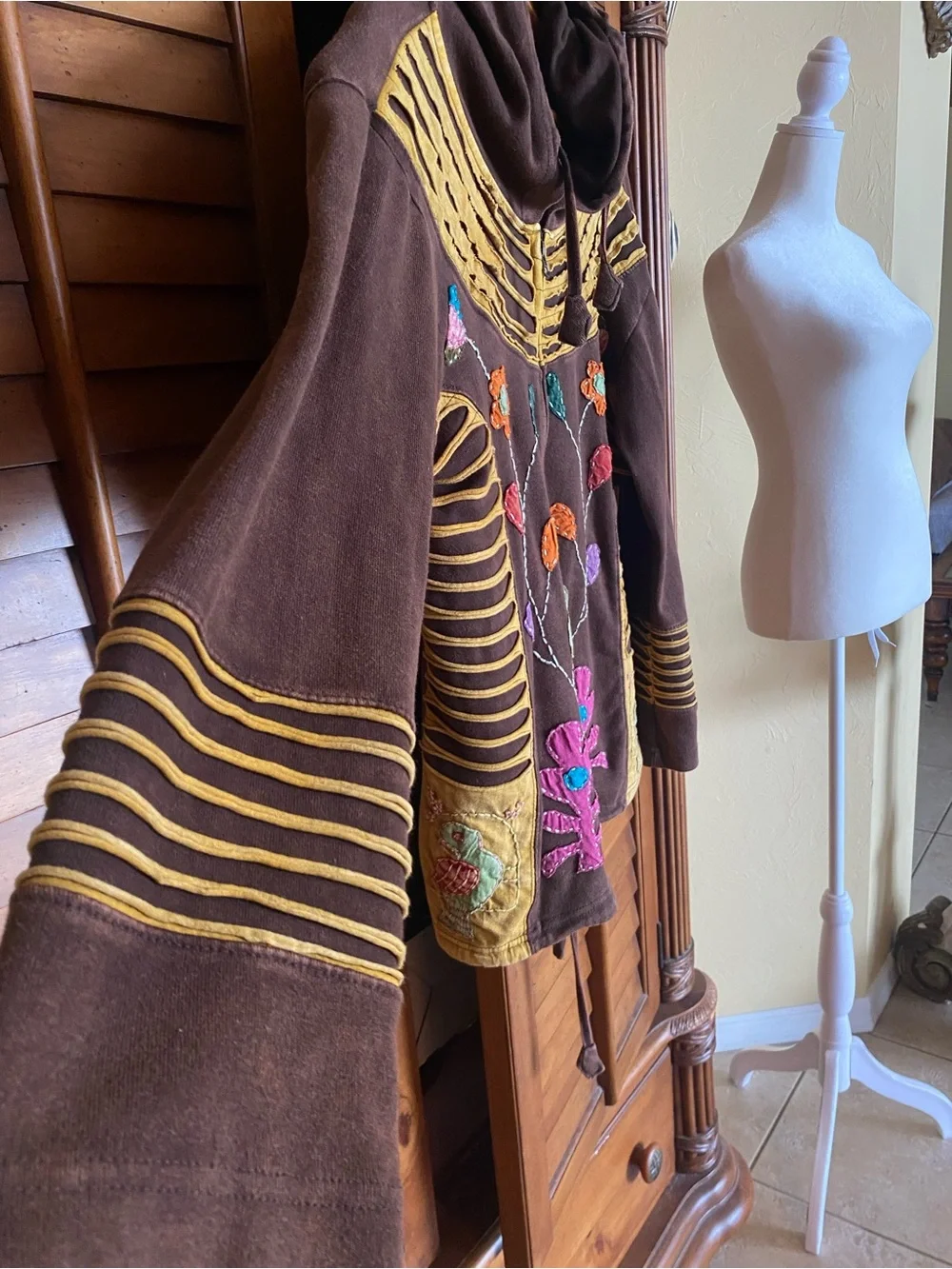 Bohemian Embroidered Hooded Jacket - Brown with Multicolor Floral Accents